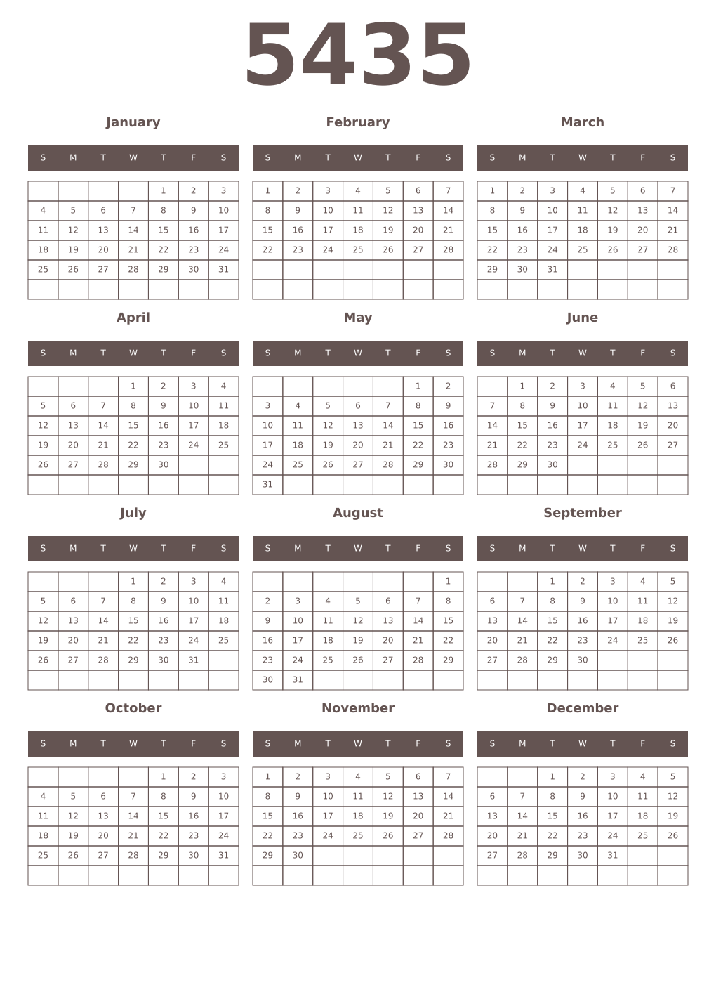 Printable 5435 Year Calendars wenge