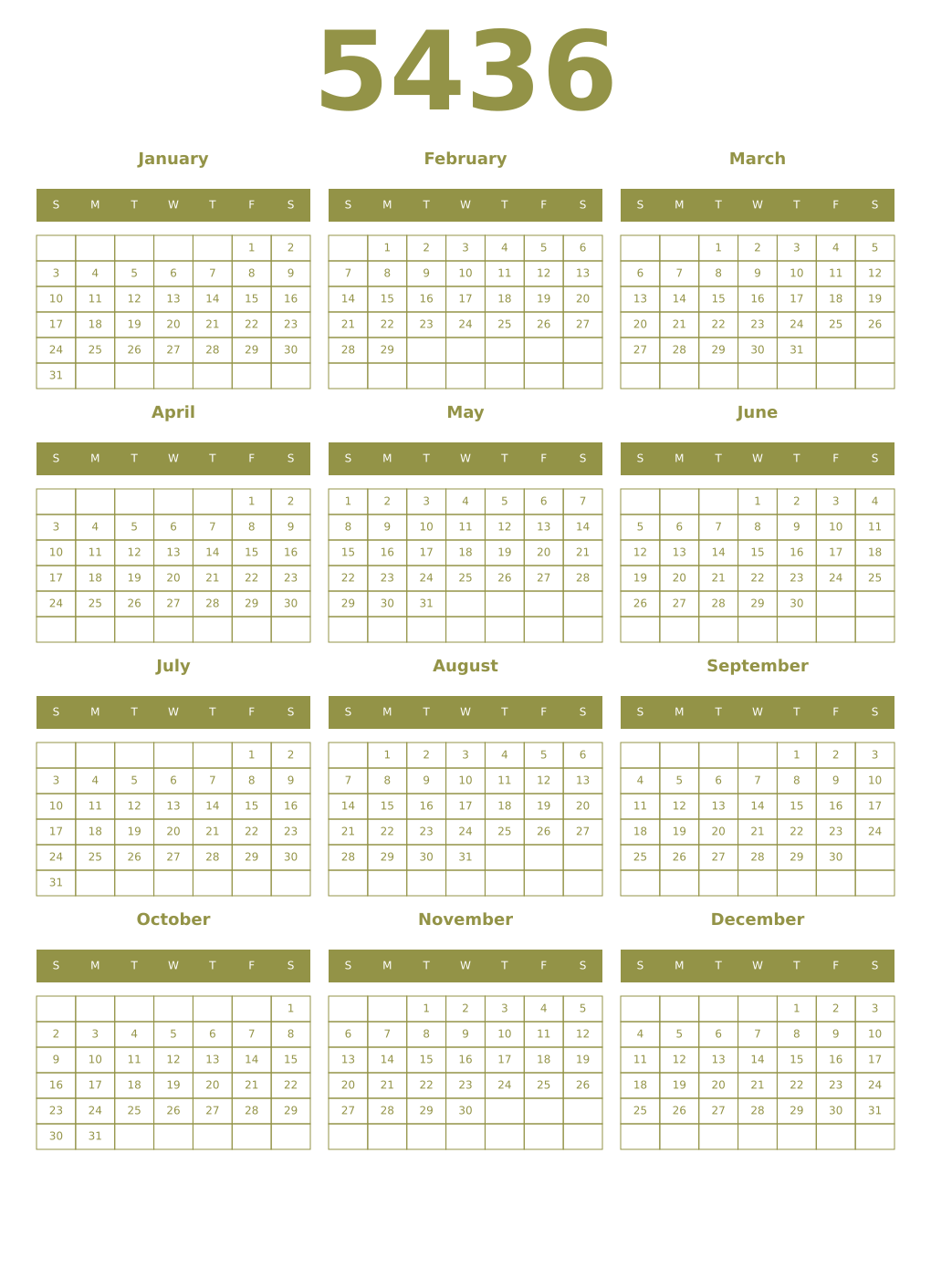 Printable 5436 Year Calendars eburnean