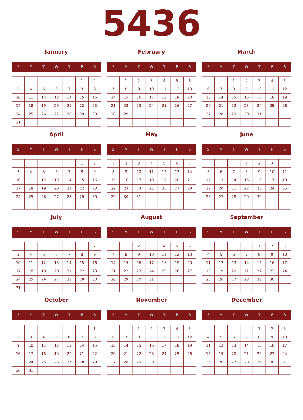 Printable 5436 Year Calendars falu