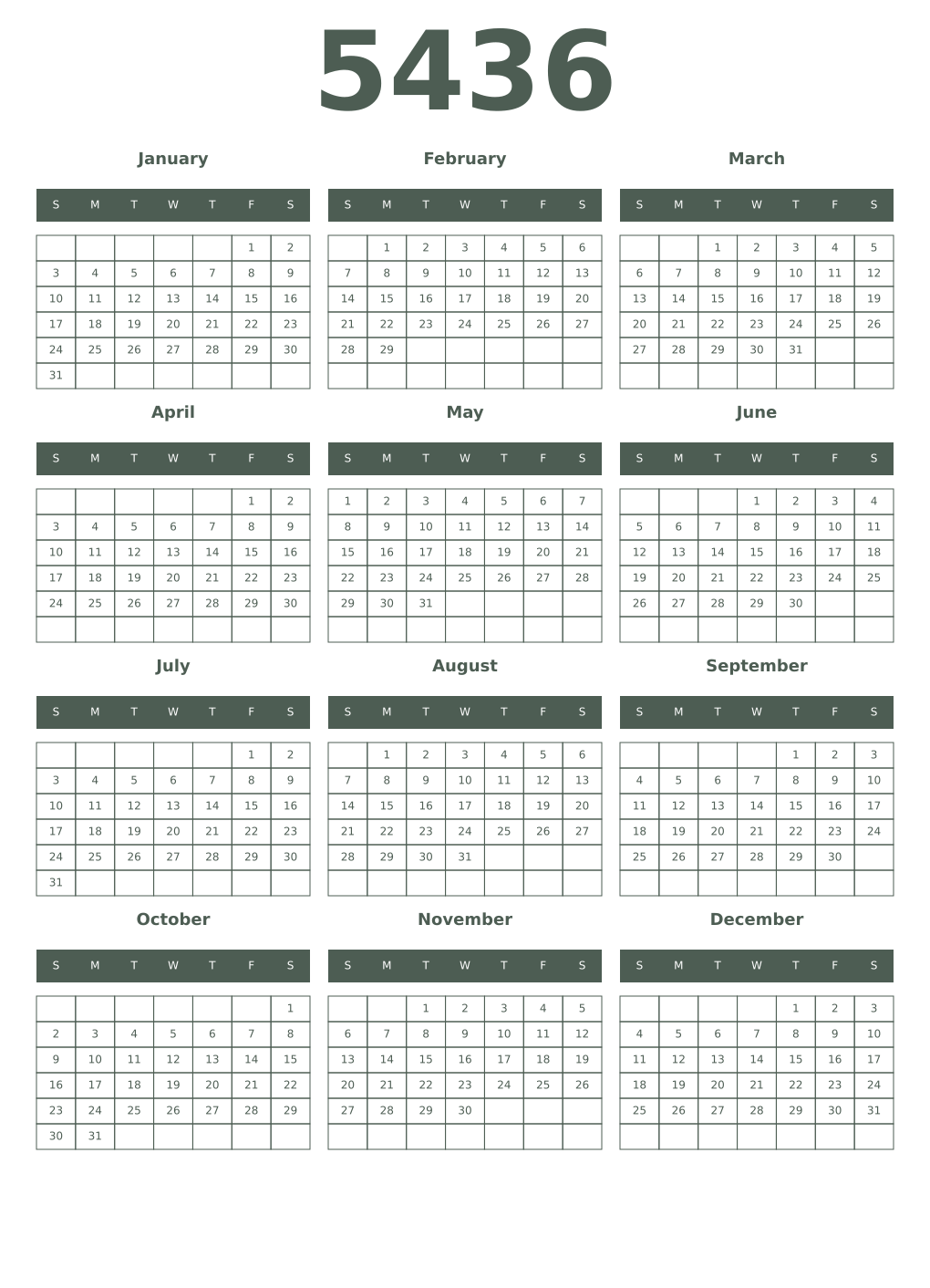 Printable 5436 Year Calendars feldgrau