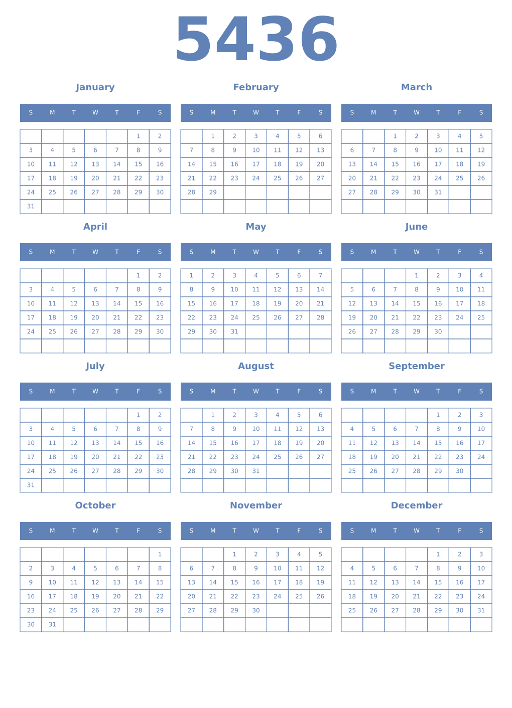 Printable 5436 Year Calendars glaucous
