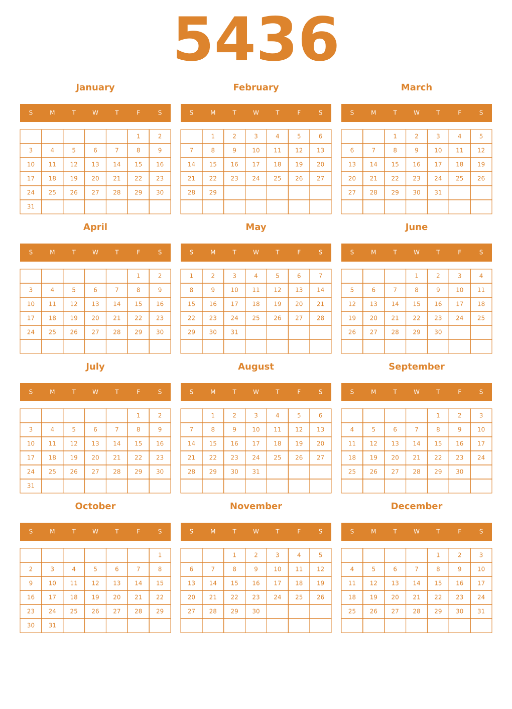 Printable 5436 Year Calendars orange
