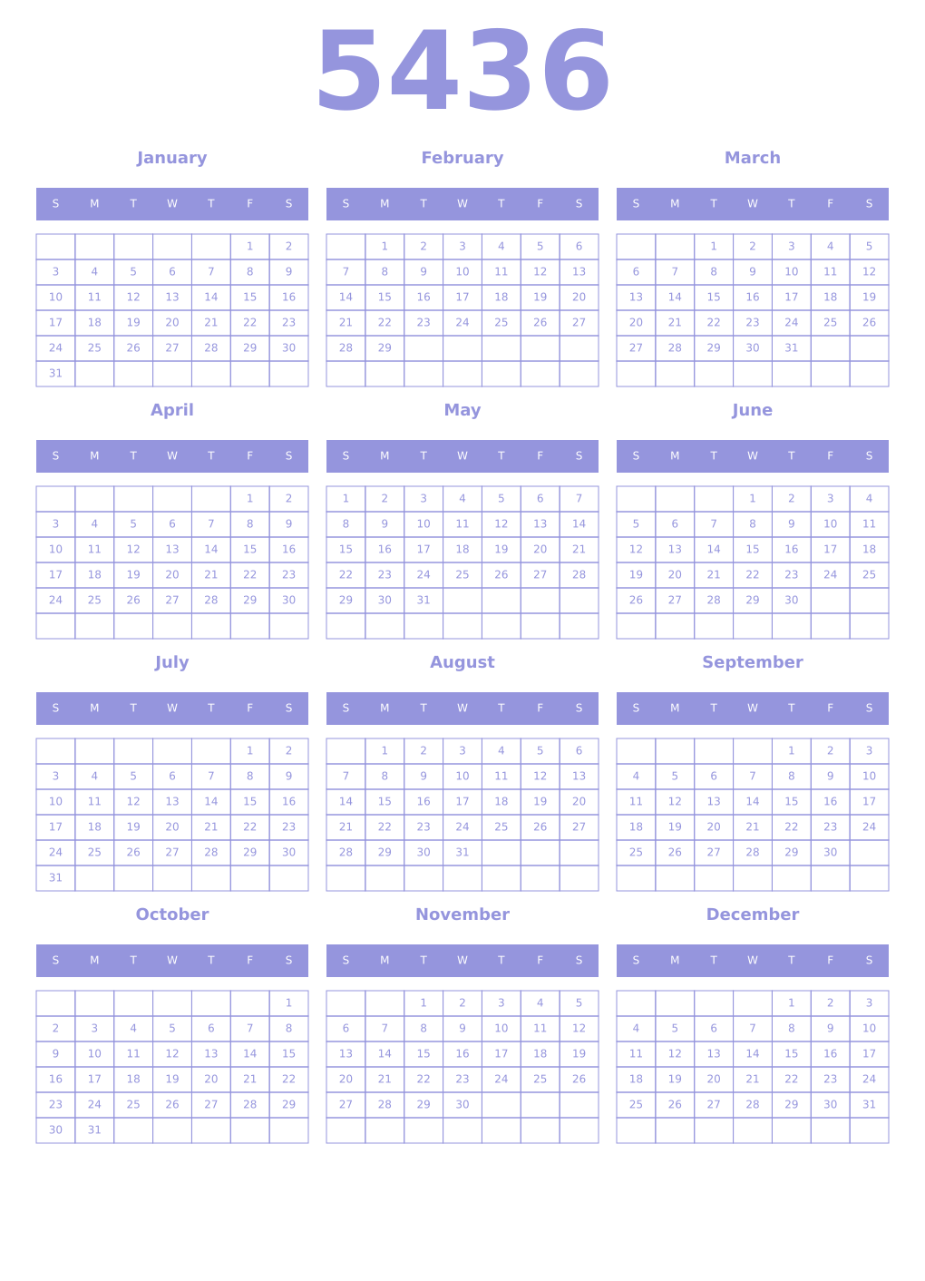 Printable 5436 Year Calendars periwinkle