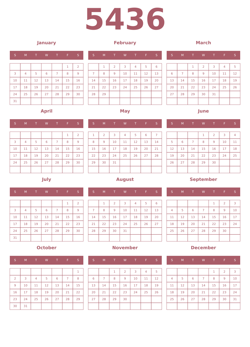 Printable 5436 Year Calendars puce