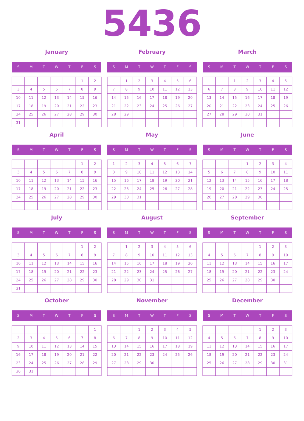 Printable 5436 Year Calendars purple