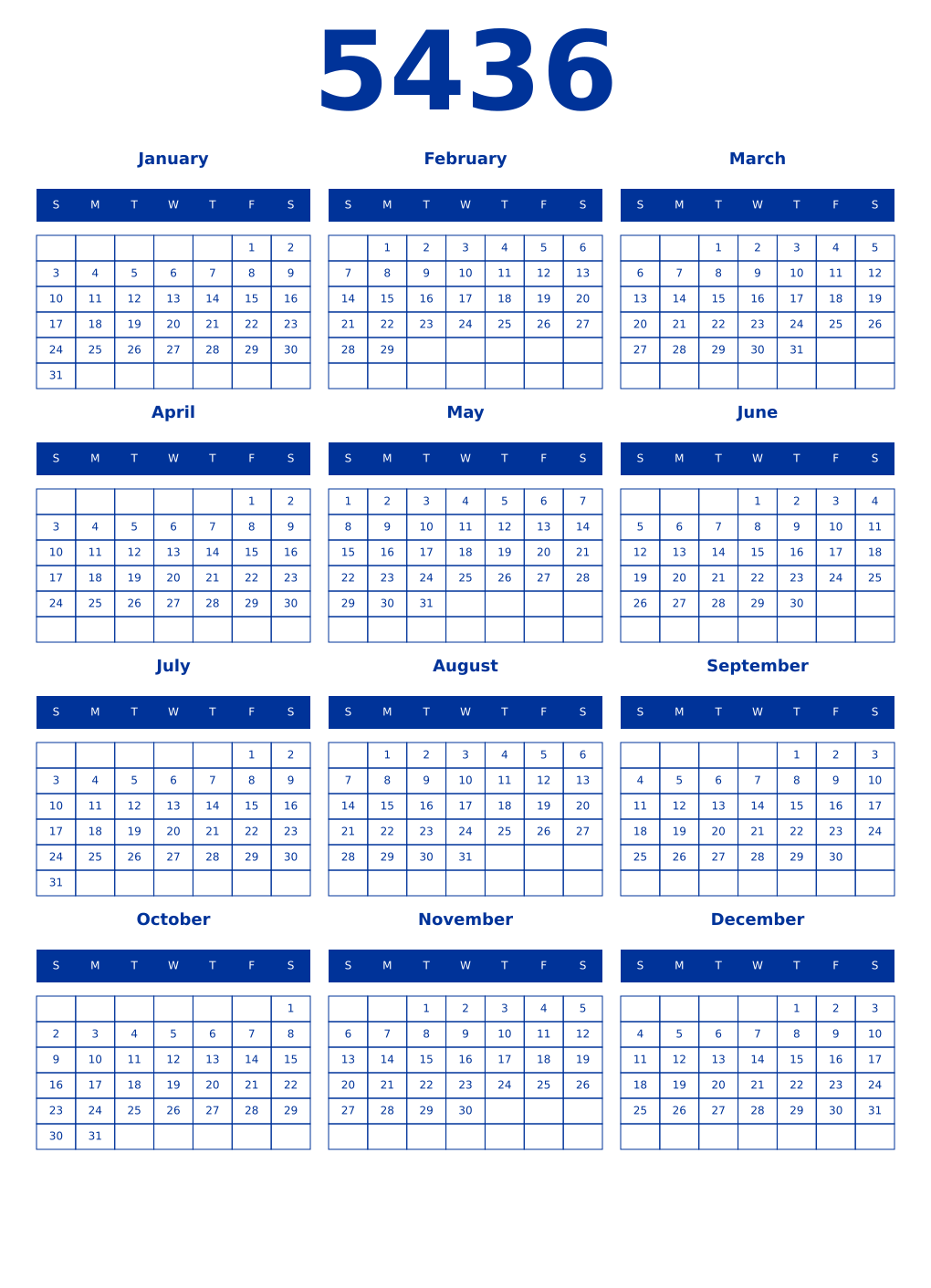 Printable 5436 Year Calendars smalt