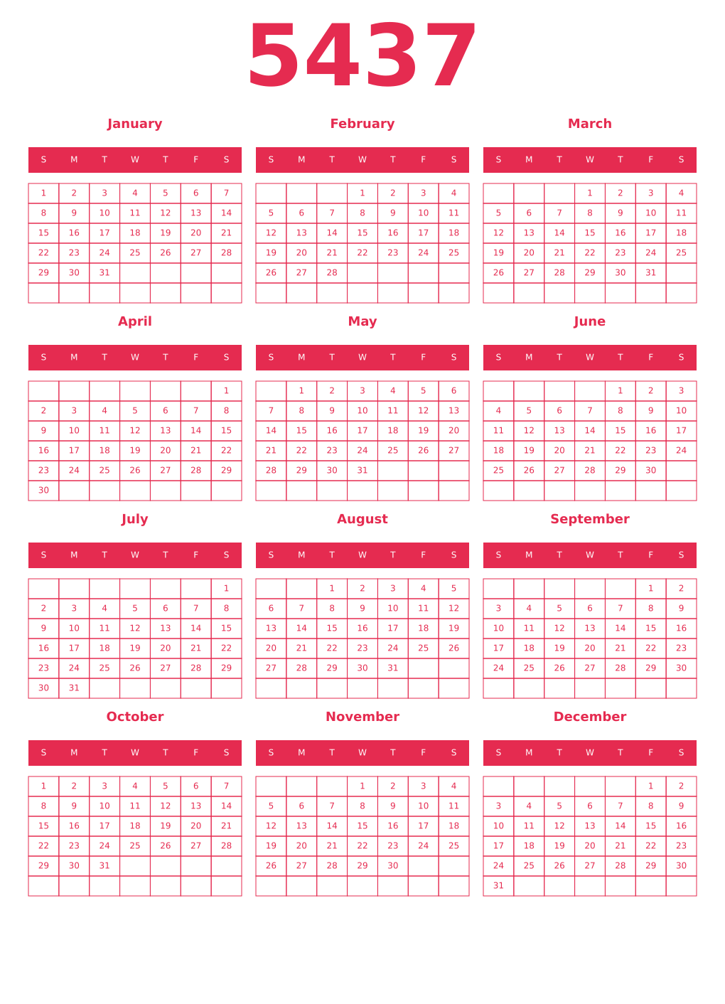 Printable 5437 Year Calendars amaranth