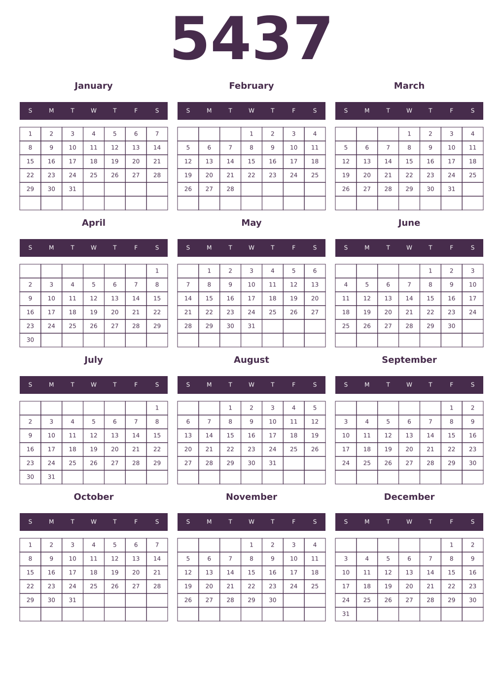 Printable 5437 Year Calendars aubergine