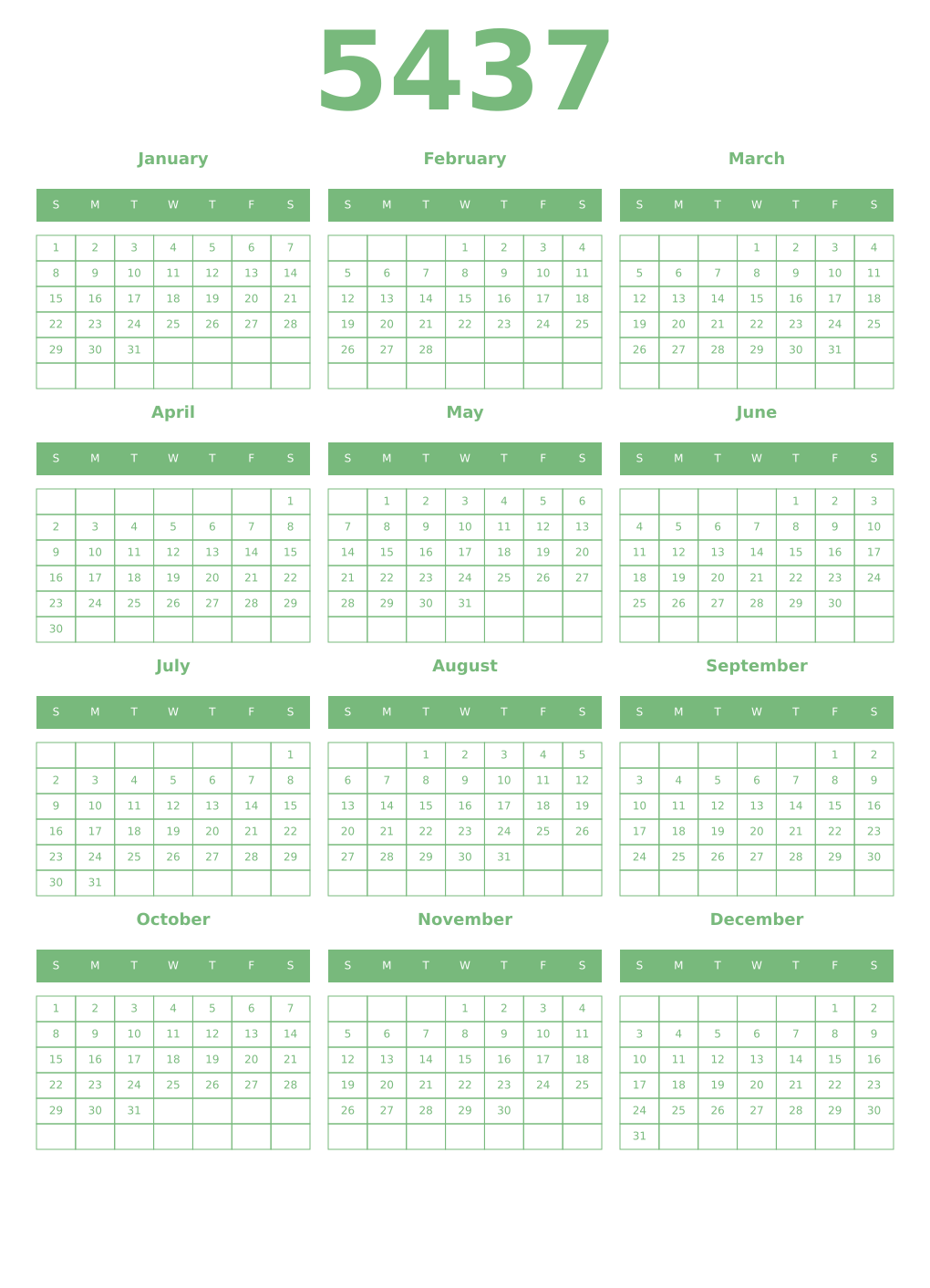 Printable 5437 Year Calendars celadon