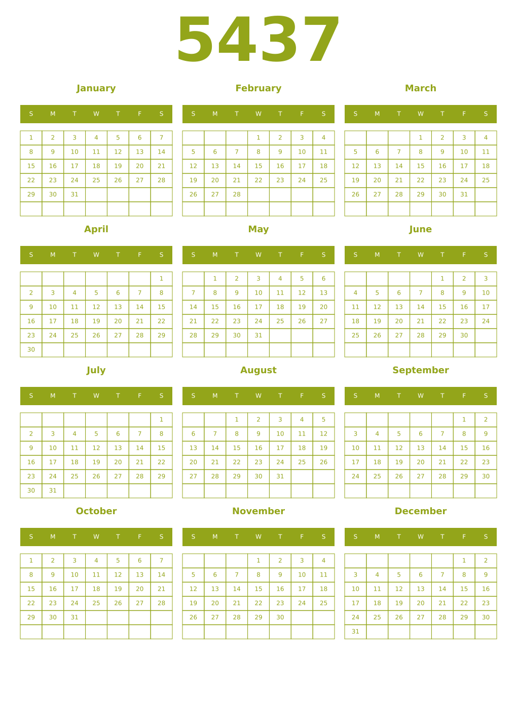 Printable 5437 Year Calendars chartreuse