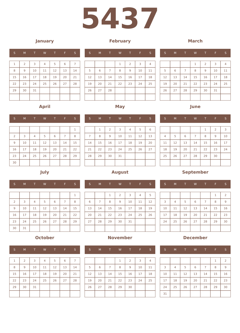 Printable 5437 Year Calendars coffe