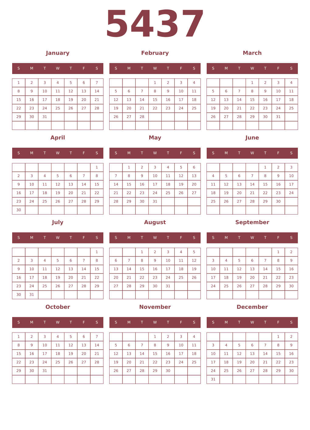 Printable 5437 Year Calendars cordovan