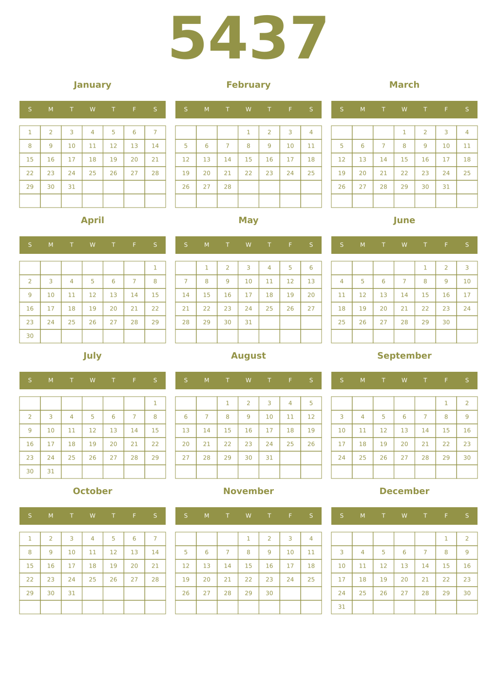 Printable 5437 Year Calendars eburnean