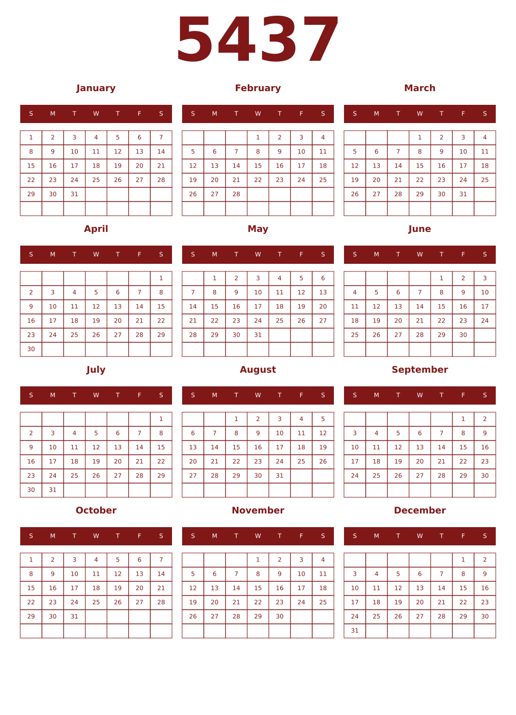 Printable 5437 Year Calendars falu