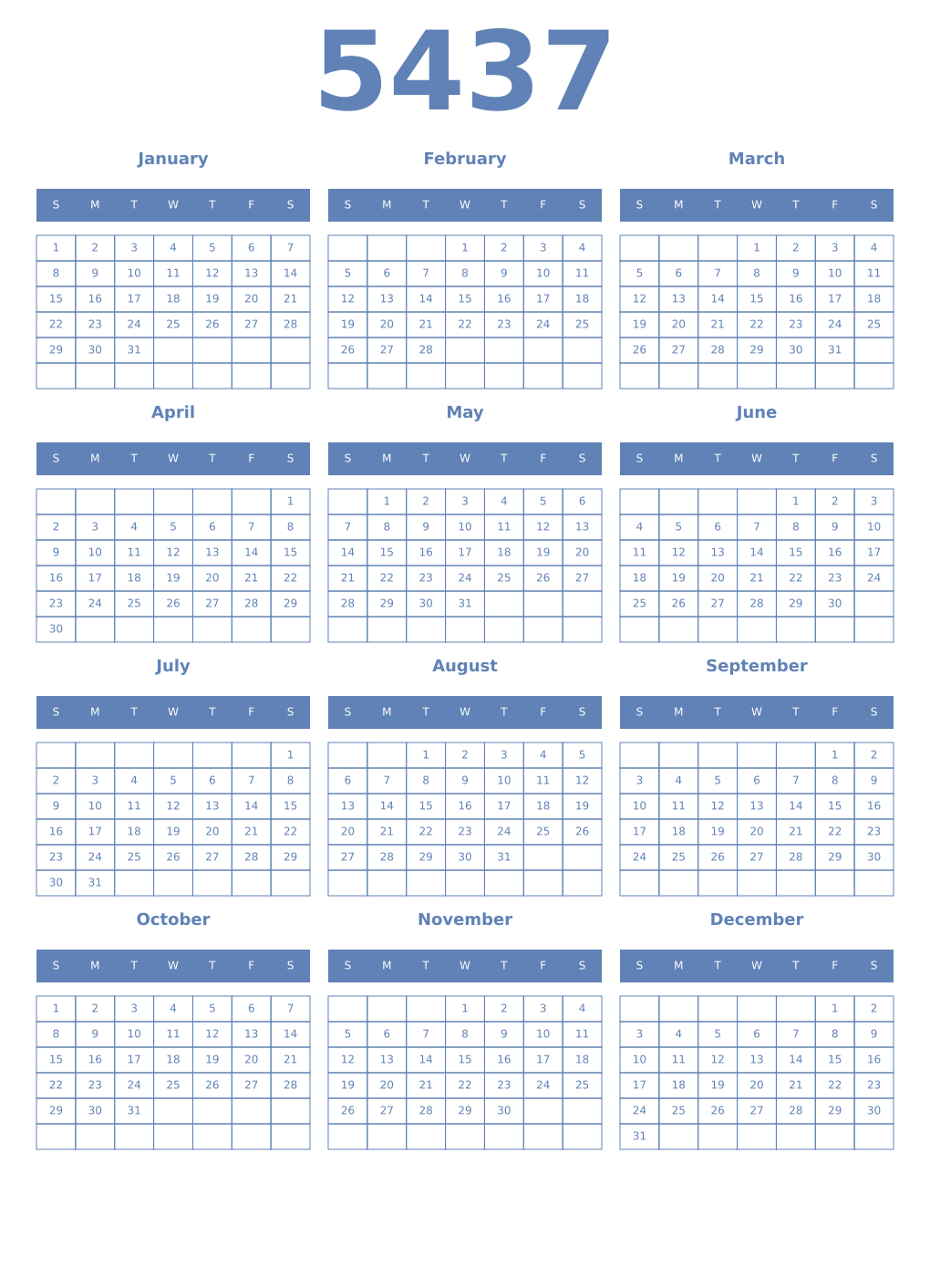 Printable 5437 Year Calendars glaucous