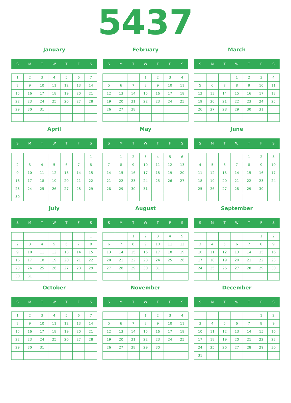 Printable 5437 Year Calendars green
