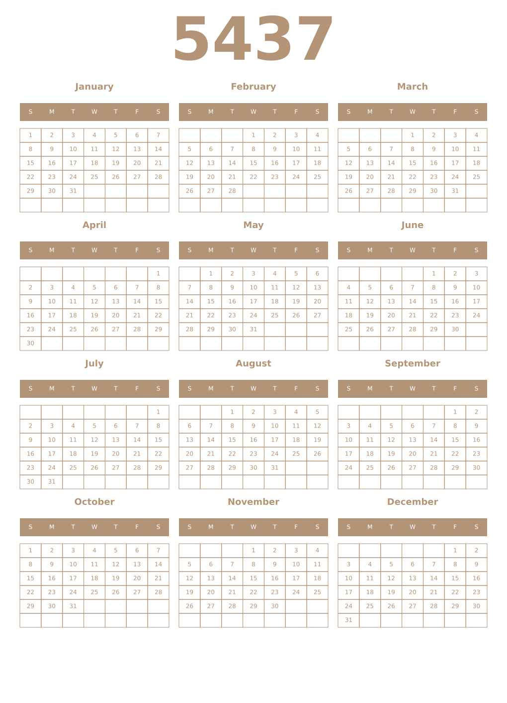 Printable 5437 Year Calendars isabelline