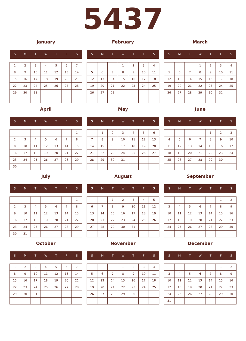 Printable 5437 Year Calendars mortuum