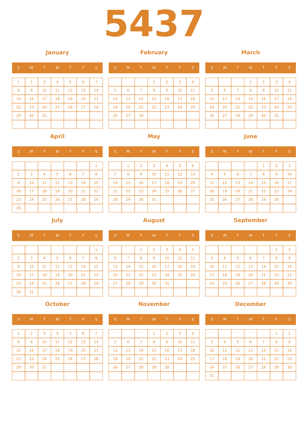 Printable 5437 Year Calendars orange
