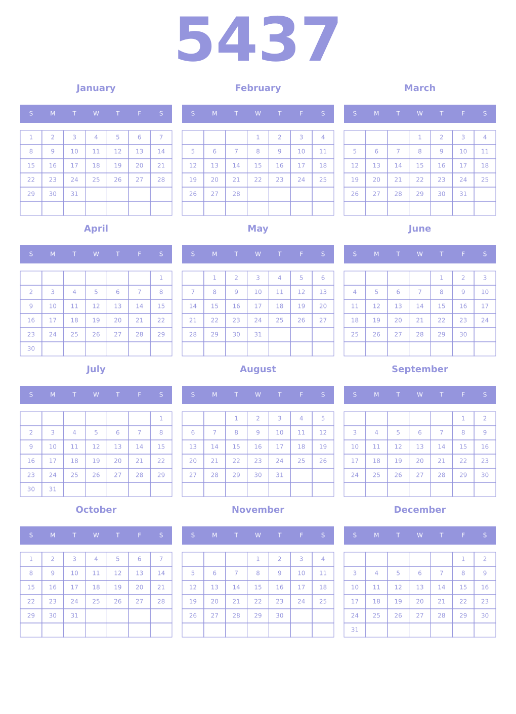Printable 5437 Year Calendars periwinkle