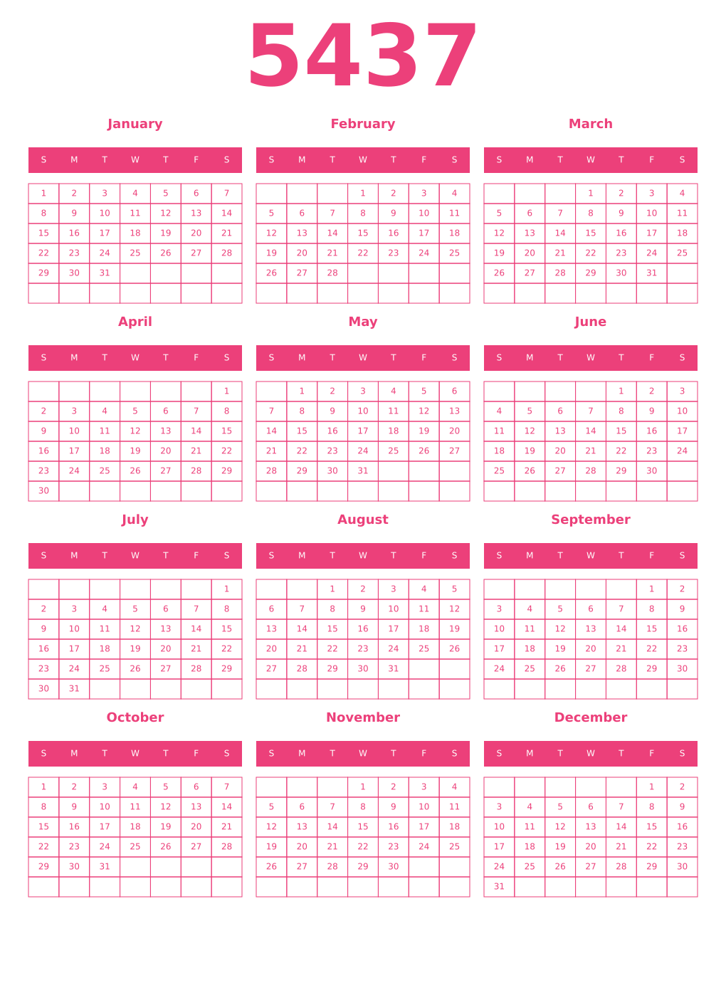 Printable 5437 Year Calendars pink