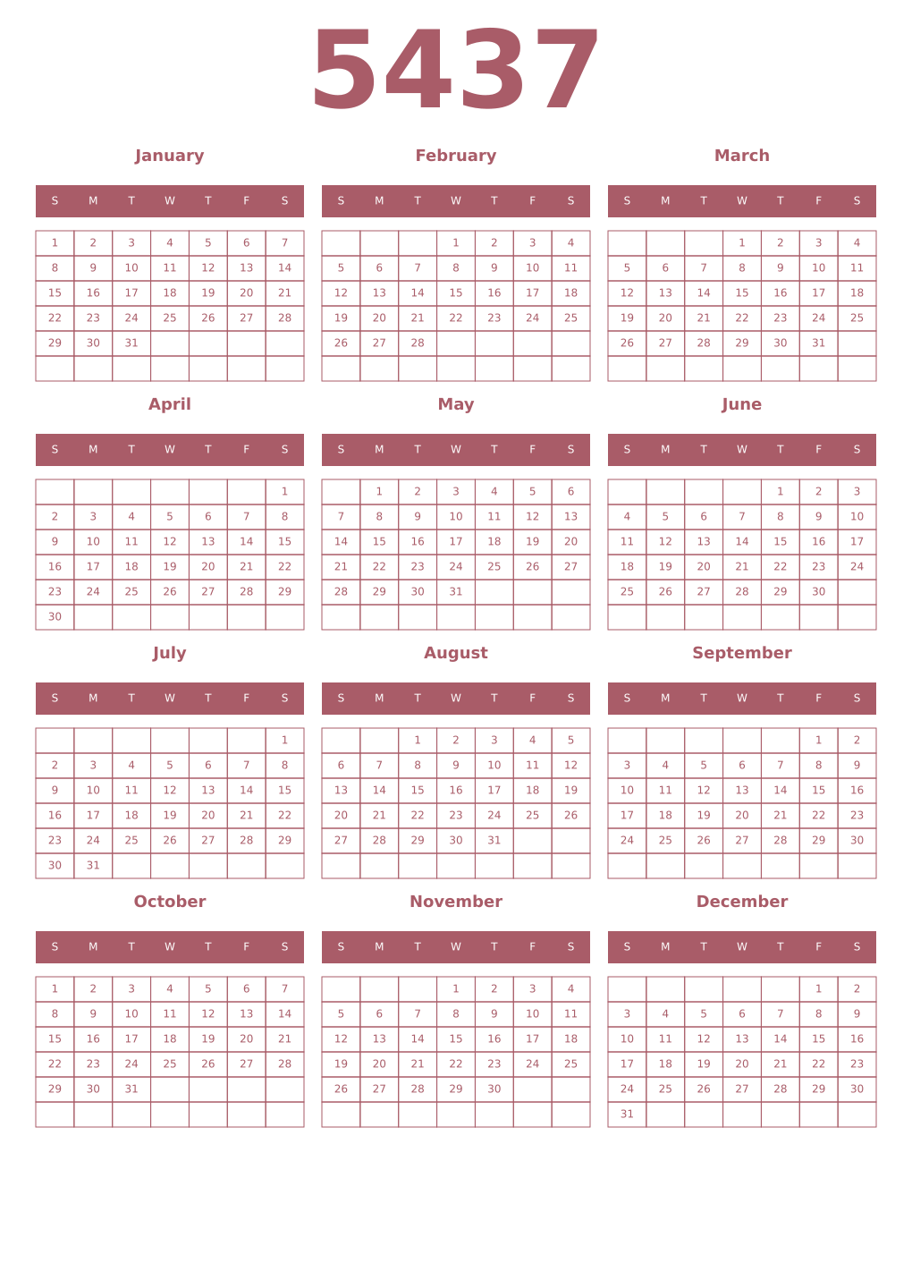 Printable 5437 Year Calendars puce