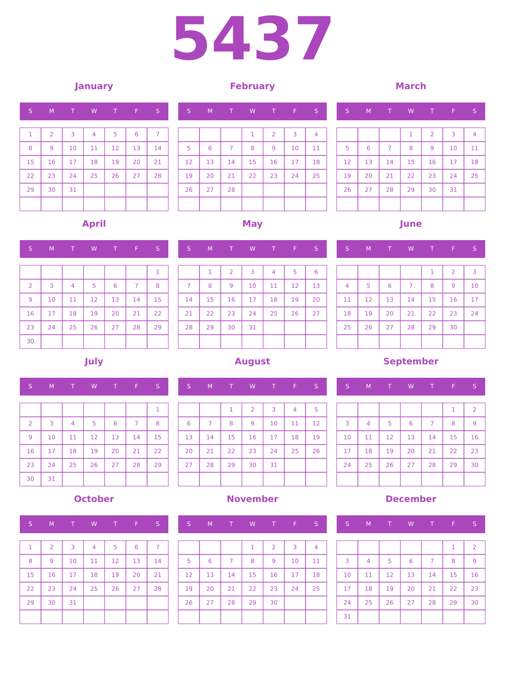 Printable 5437 Year Calendars purple