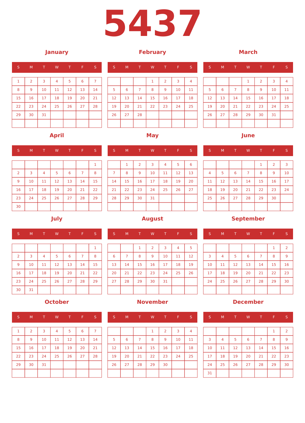 Printable 5437 Year Calendars red