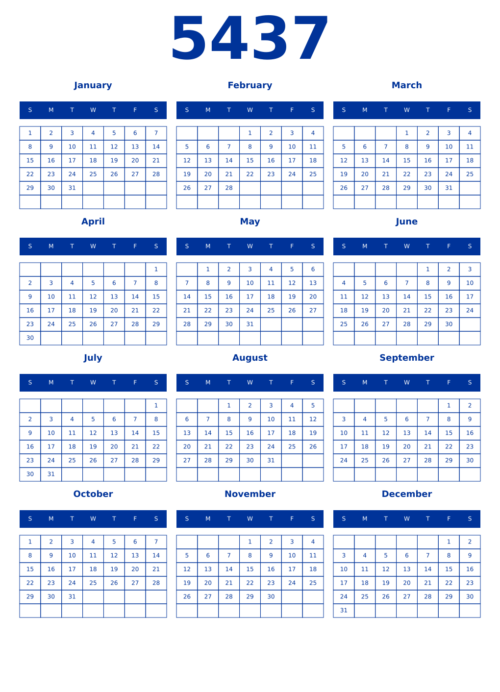 Printable 5437 Year Calendars smalt