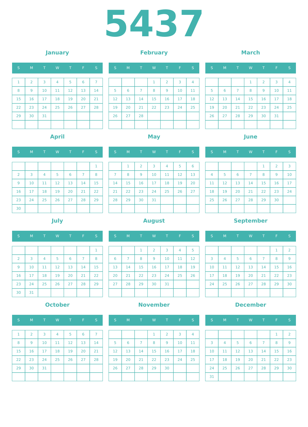 Printable 5437 Year Calendars verdigris