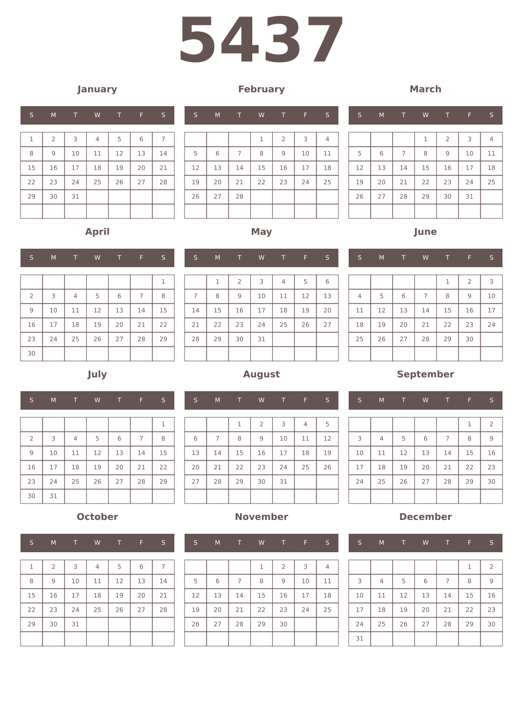 Printable 5437 Year Calendars wenge