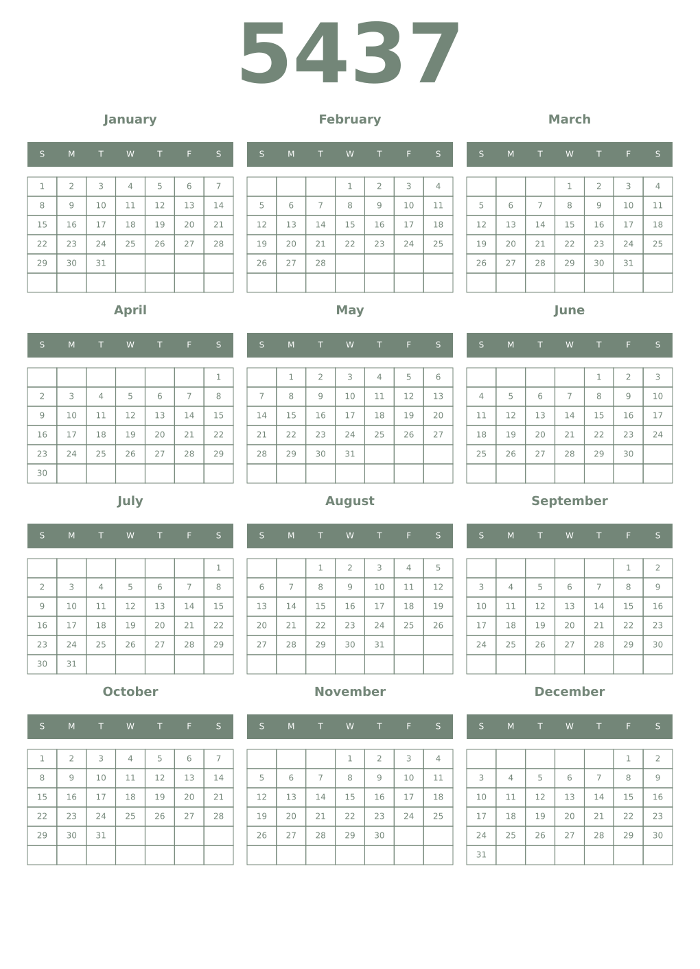 Printable 5437 Year Calendars xanadu