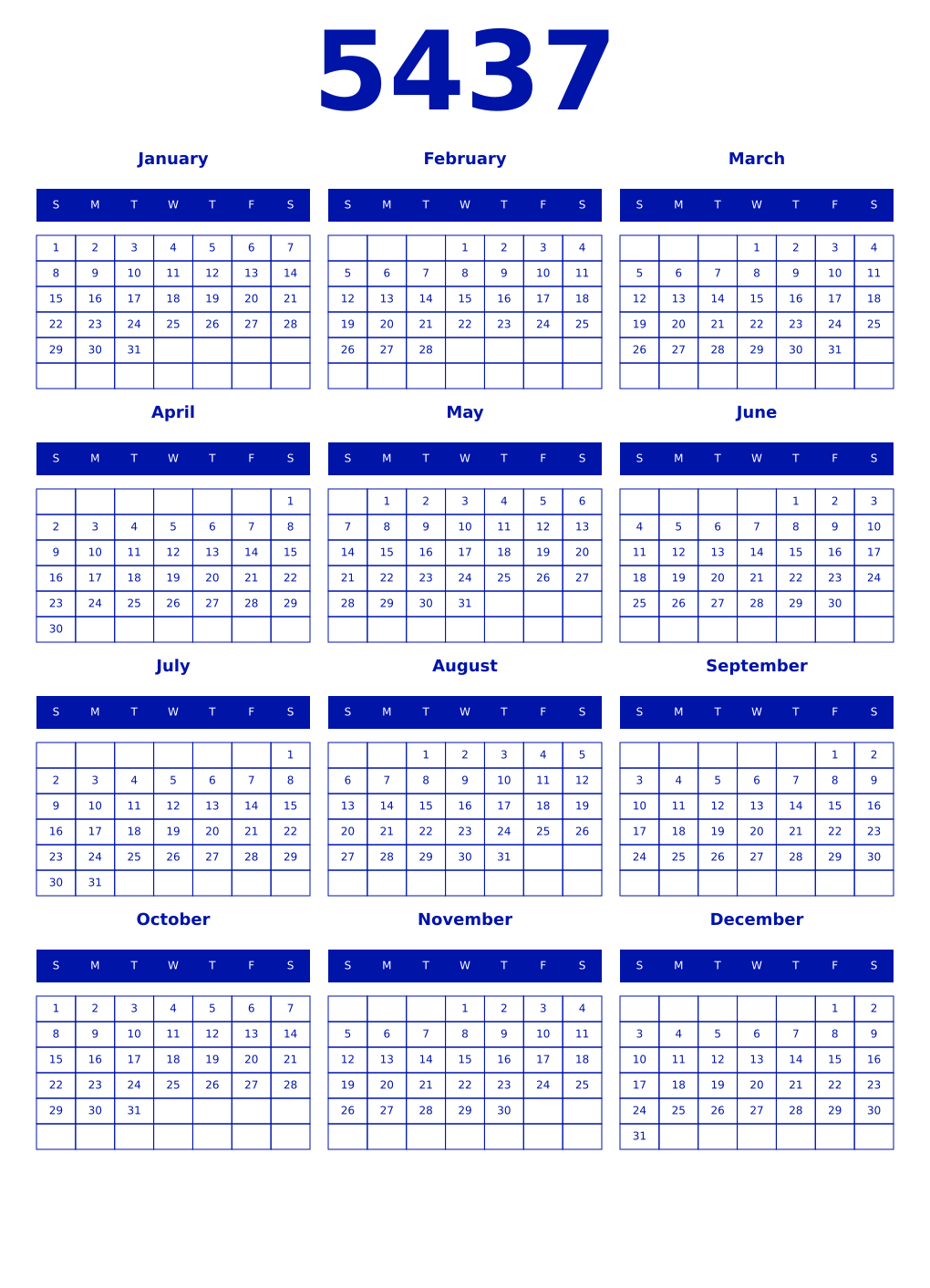 Printable 5437 Year Calendars zaffre