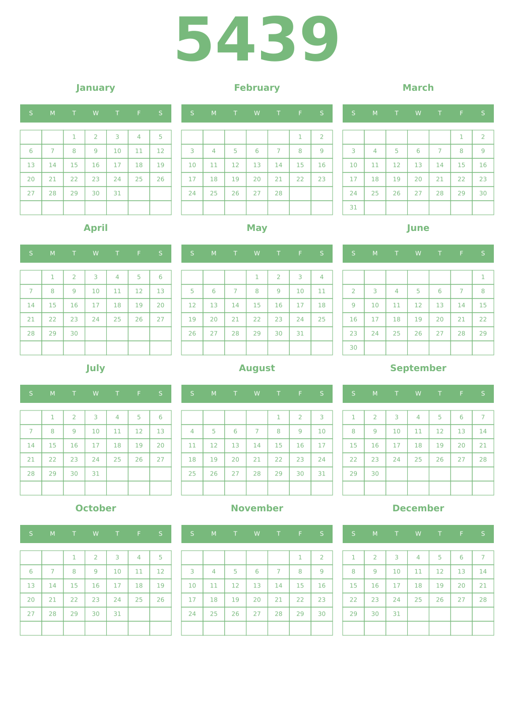 Printable 5439 Year Calendars celadon