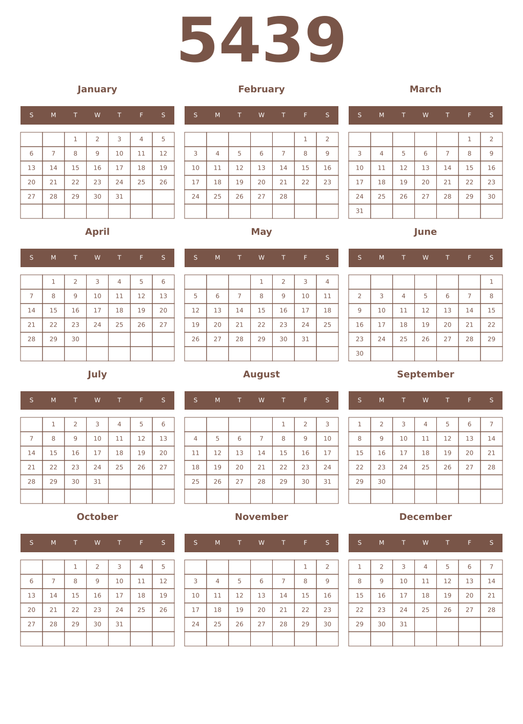 Printable 5439 Year Calendars coffe