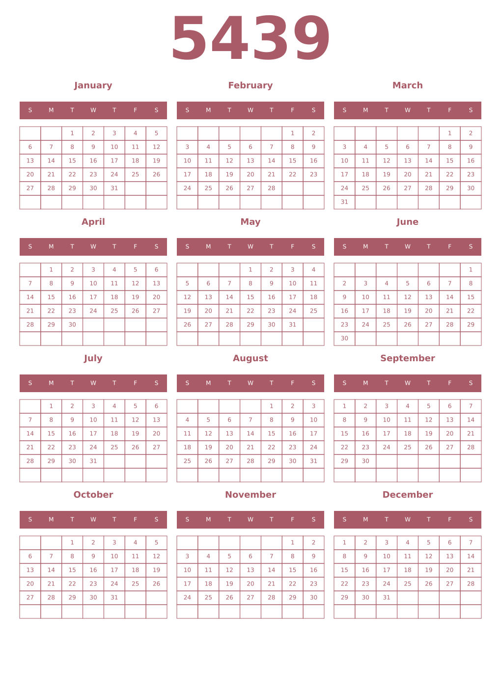 Printable 5439 Year Calendars puce