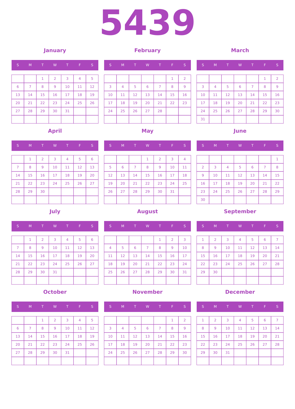 Printable 5439 Year Calendars purple