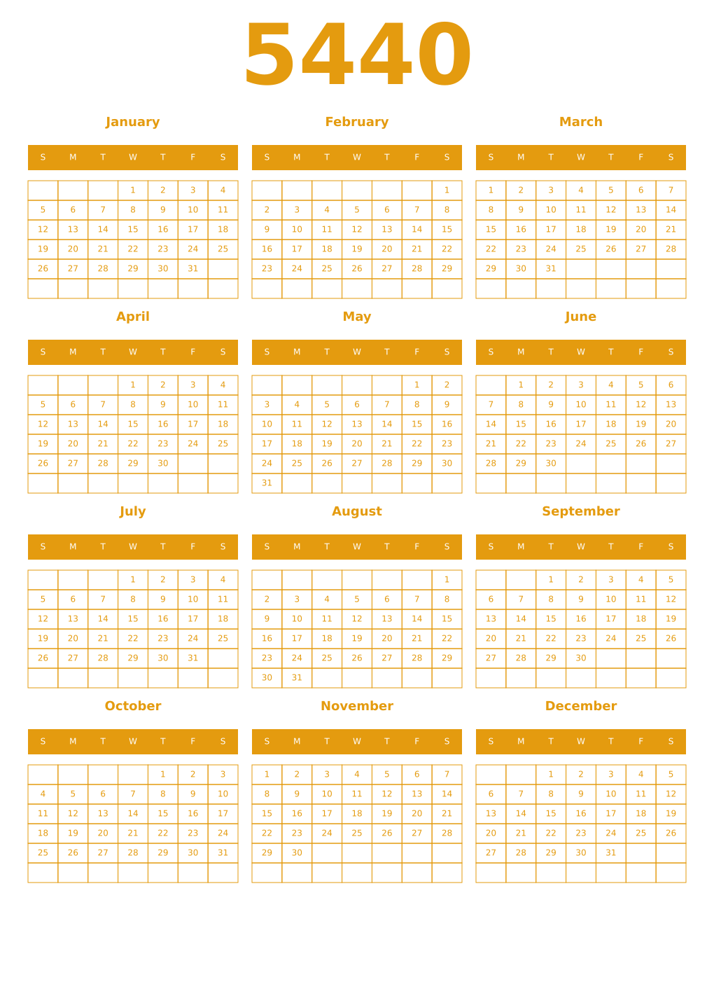 Printable 5440 Year Calendars gamboge