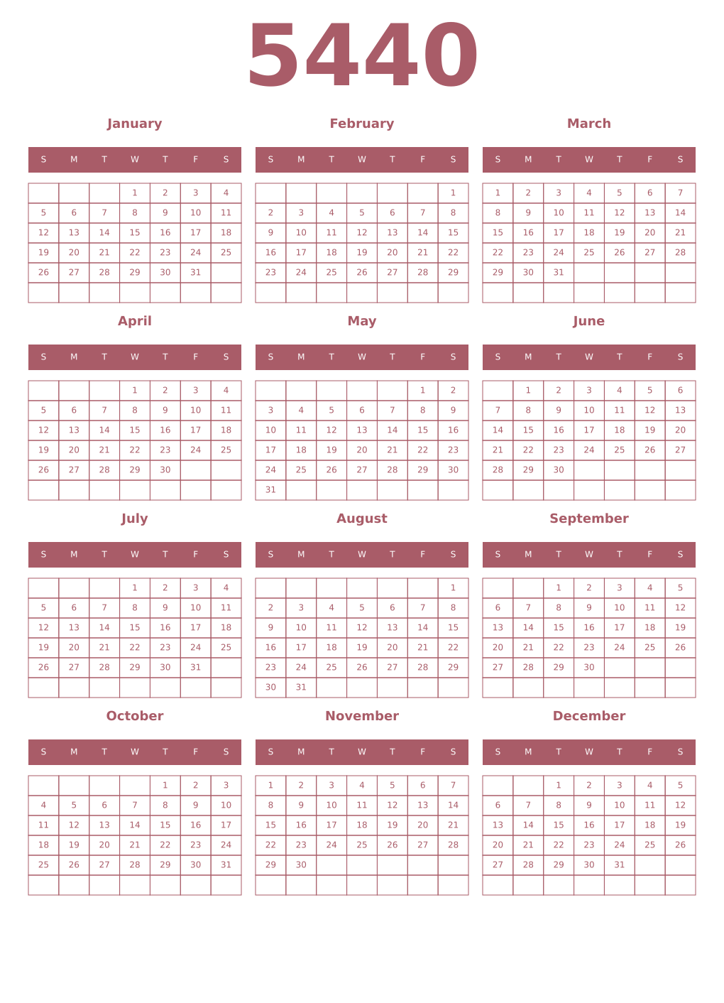 Printable 5440 Year Calendars puce