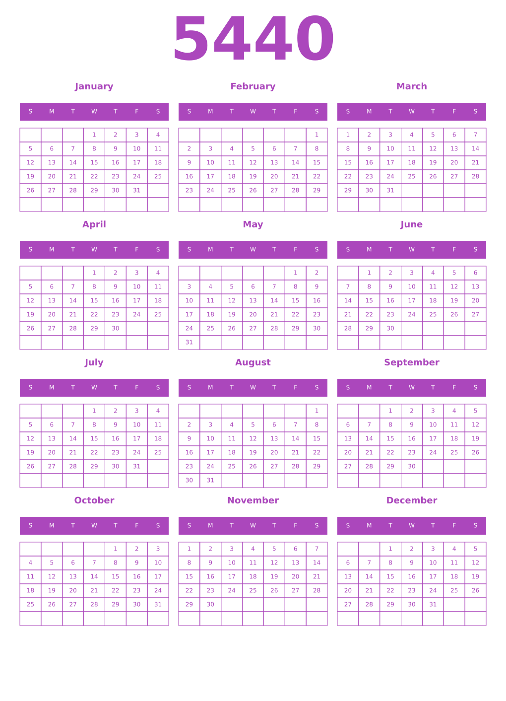 Printable 5440 Year Calendars purple