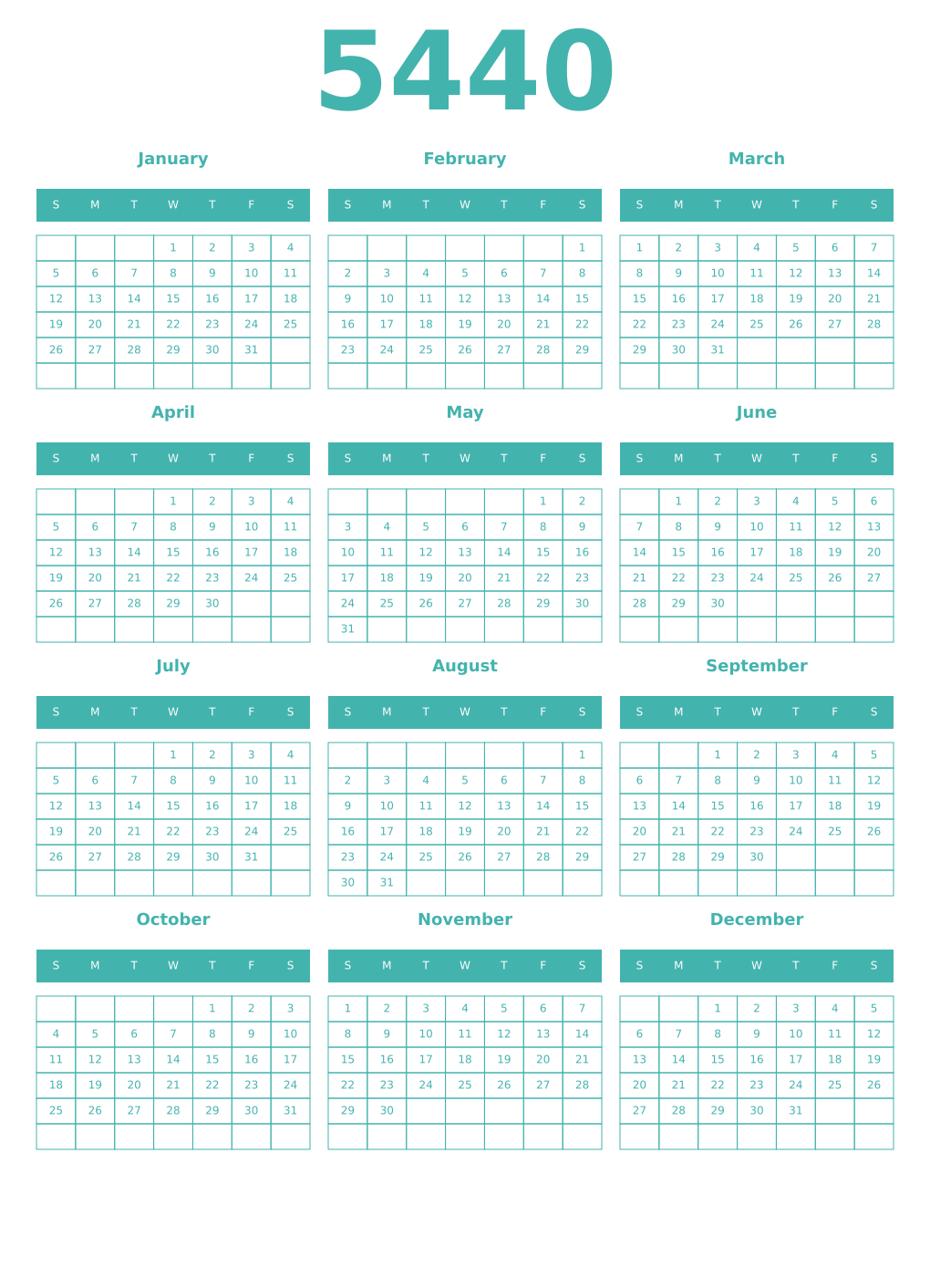 Printable 5440 Year Calendars verdigris