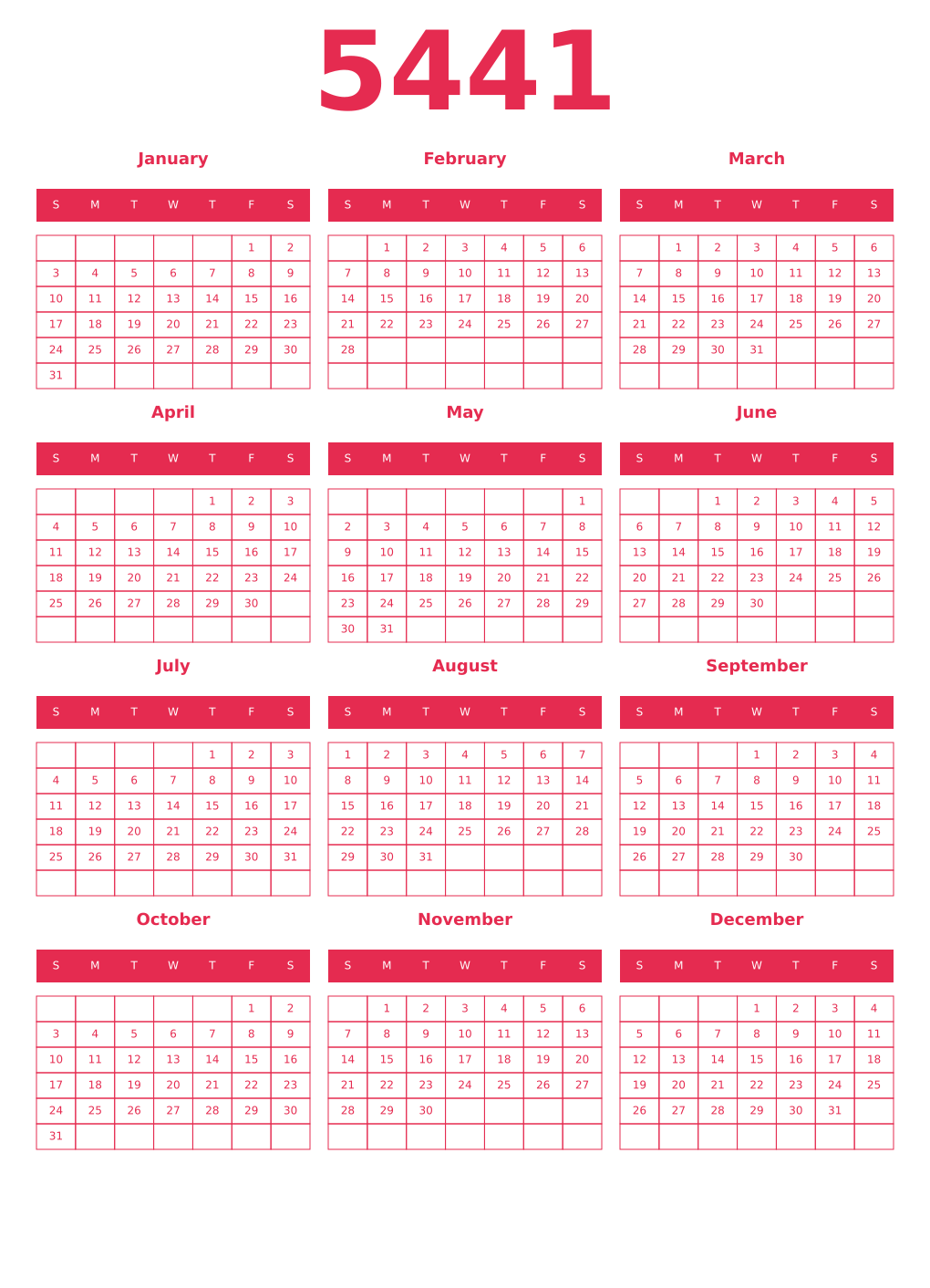 Printable 5441 Year Calendars amaranth