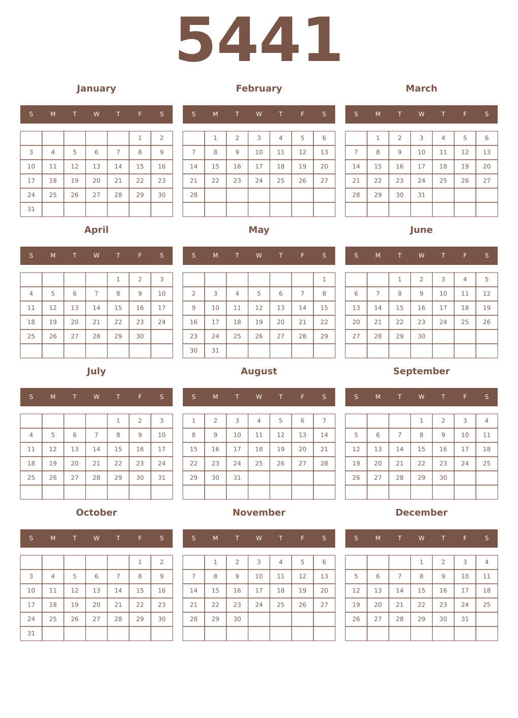 Printable 5441 Year Calendars coffe