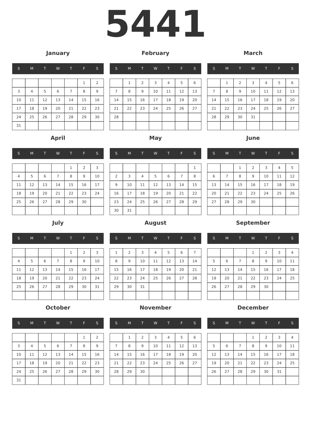Printable 5441 Year Calendars dark