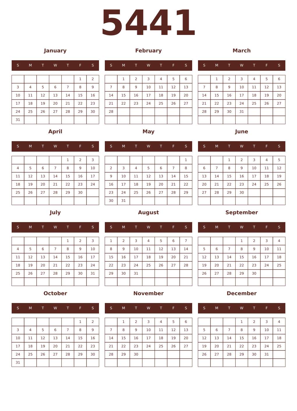 Printable 5441 Year Calendars mortuum