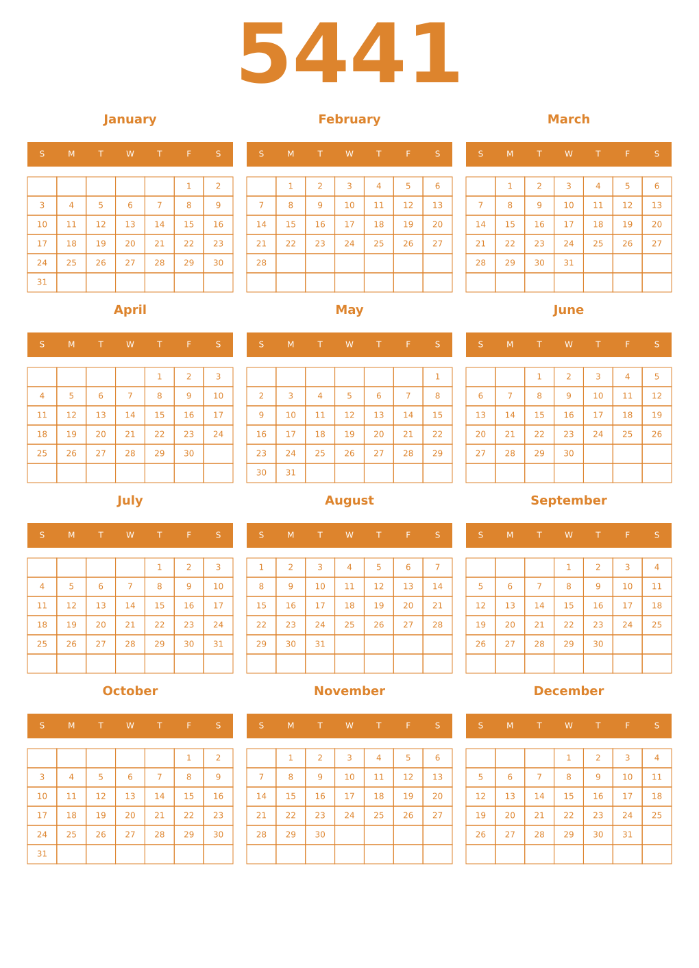 Printable 5441 Year Calendars orange