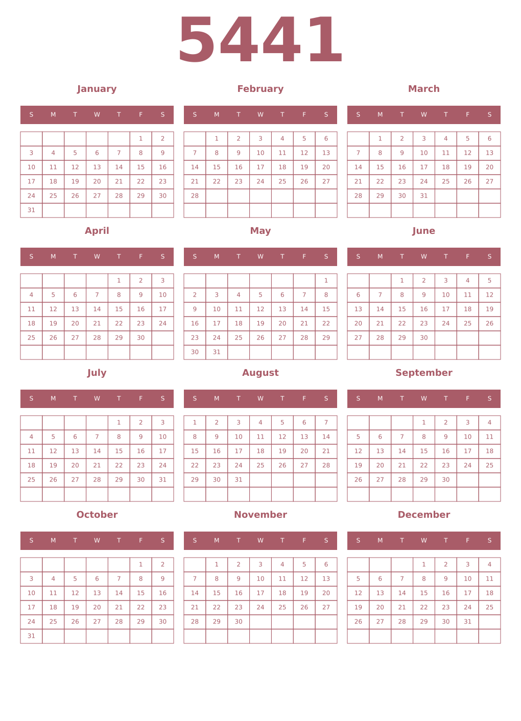 Printable 5441 Year Calendars puce