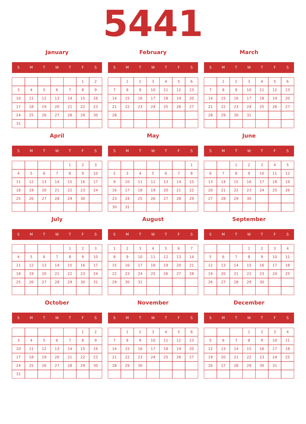 Printable 5441 Year Calendars red