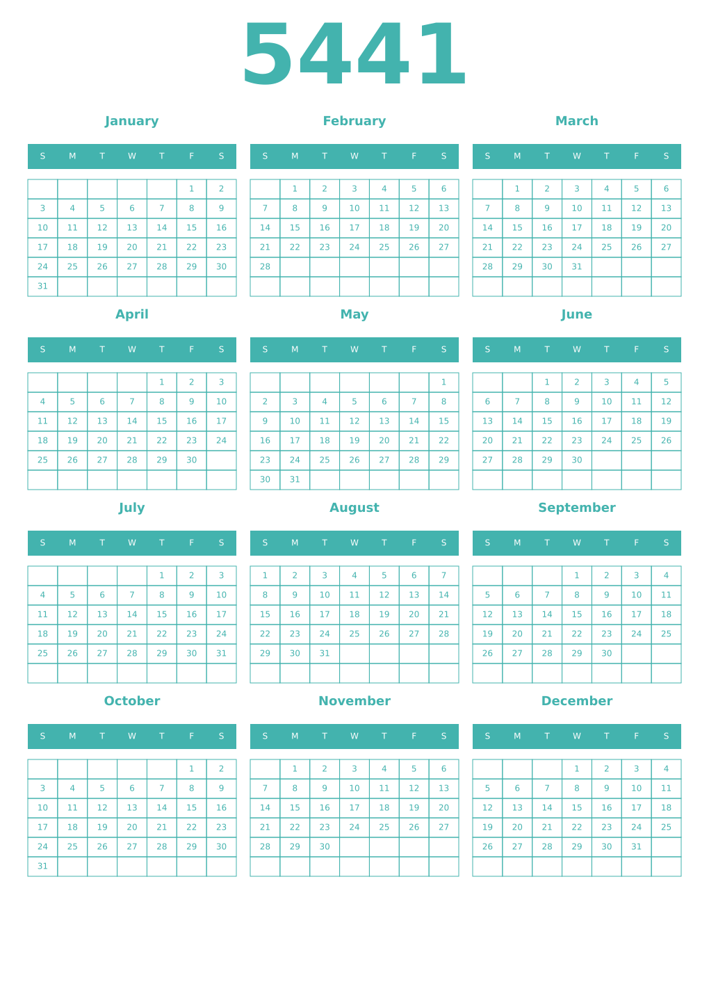Printable 5441 Year Calendars verdigris