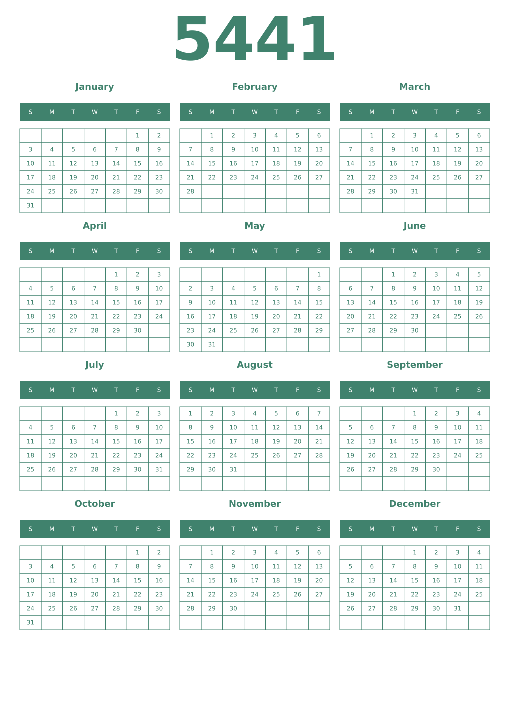 Printable 5441 Year Calendars viridian